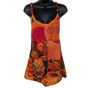 Boho Patchwork Tunic Dress Women Size S/M Smocked Festival Y2K Flowy Hippie Art